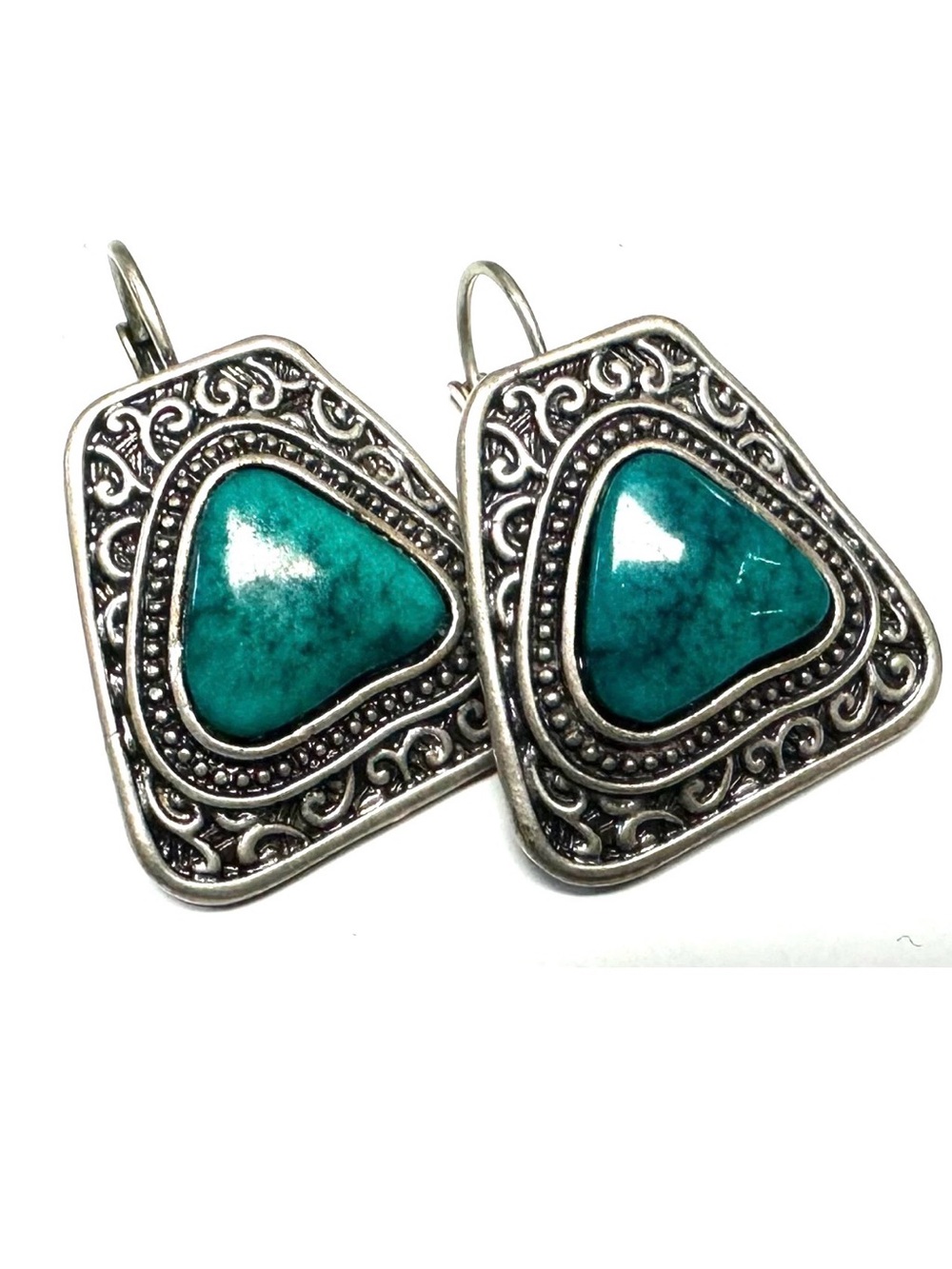 Vtg Costume Blue Green Stone Silver Tone Pierced Earrings